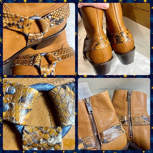 Golden Goose Bretagne Brown Leather Snakeskin Ankle Boots ~Western Moto Boots GG - Picture 9 of 16
